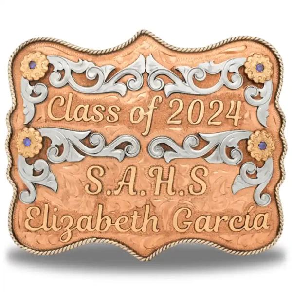 A custom copper class belt buckle with personalized initials and name 